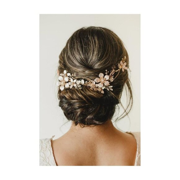 Gold Bridal Headpiece Pearl Crystal Flower Hair Vine for Weddings and Formal Eve